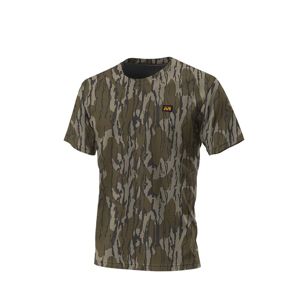 Camouflage short-sleeve t-shirt on gray background