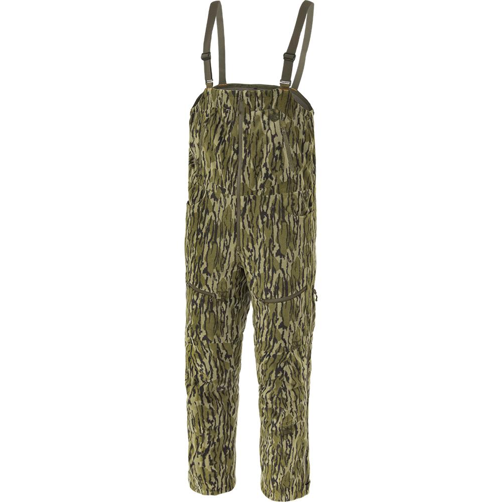 Green camouflage hunting bib overalls with suspenders