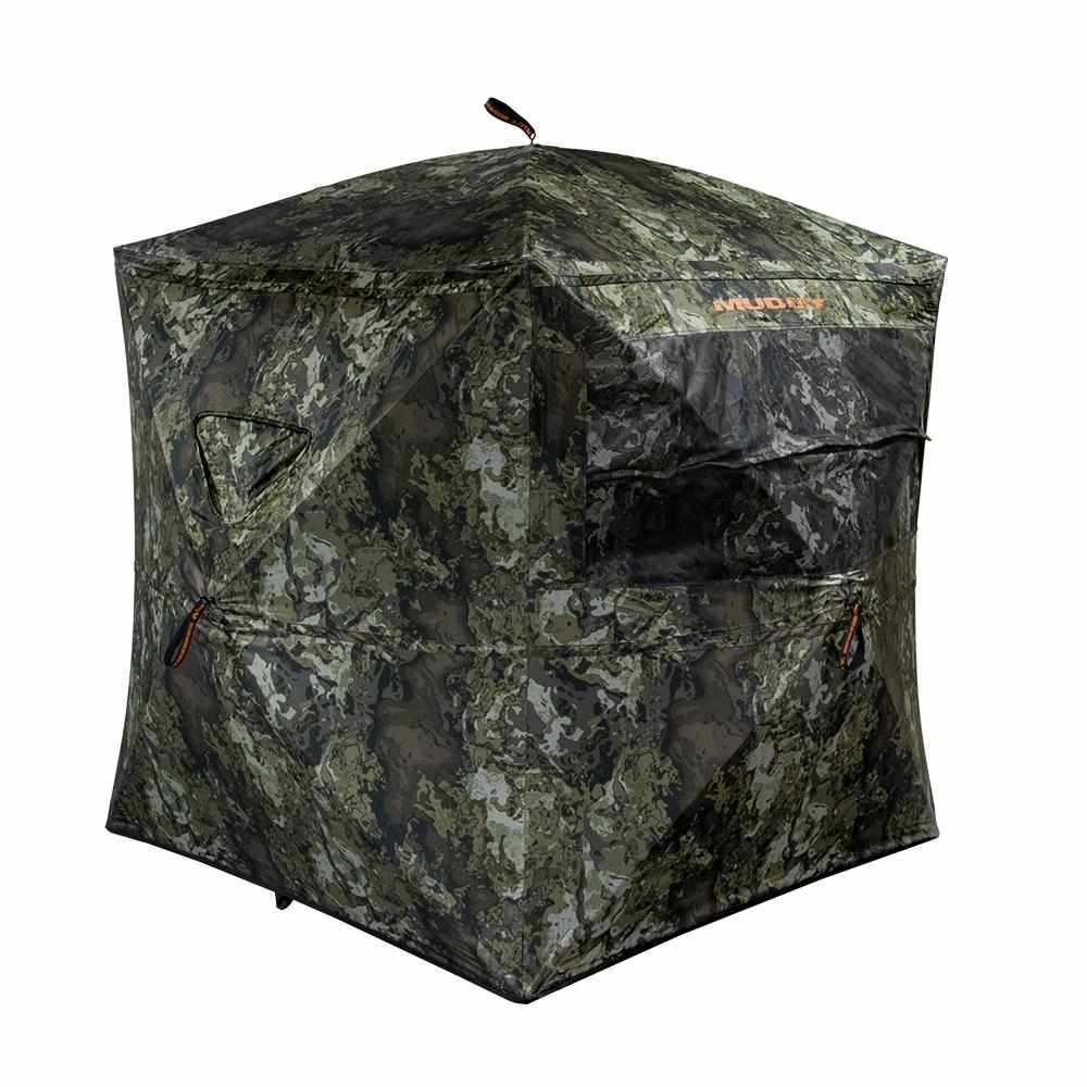 Camouflage hunting blind tent with mesh windows