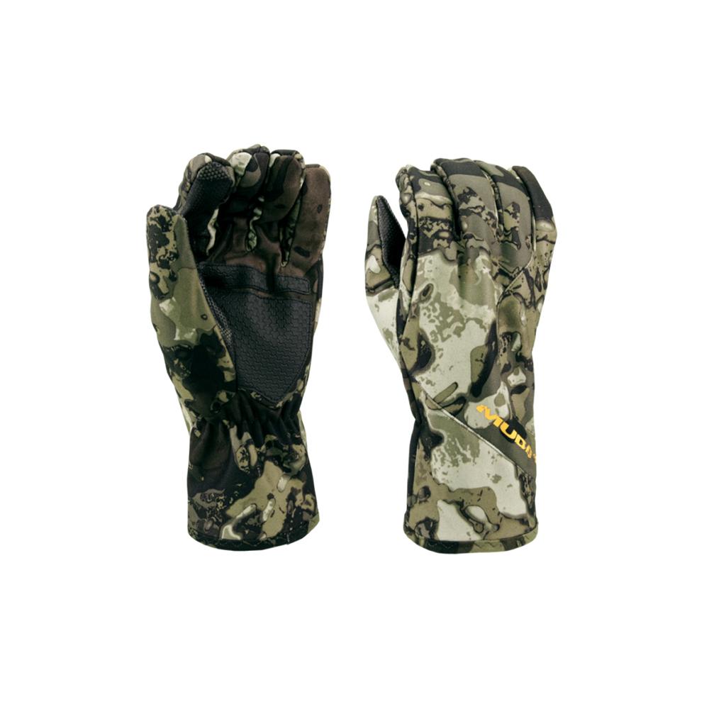 Camouflage insulated hunting gloves, front and back view
