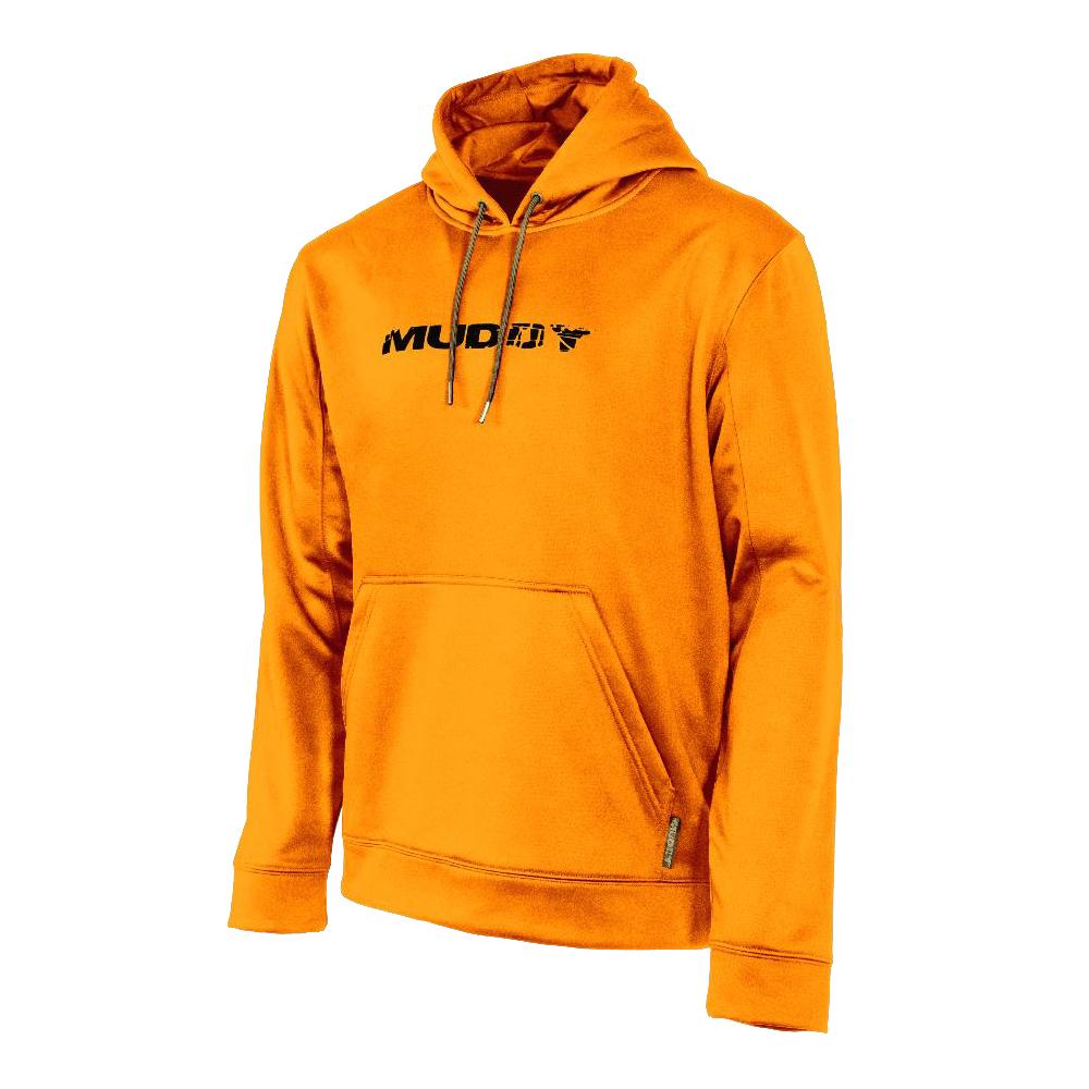 Orange hoodie with black logo and front pocket