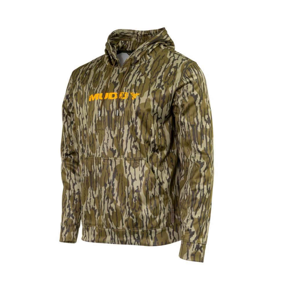 Camouflage hoodie with orange Muddy logo
