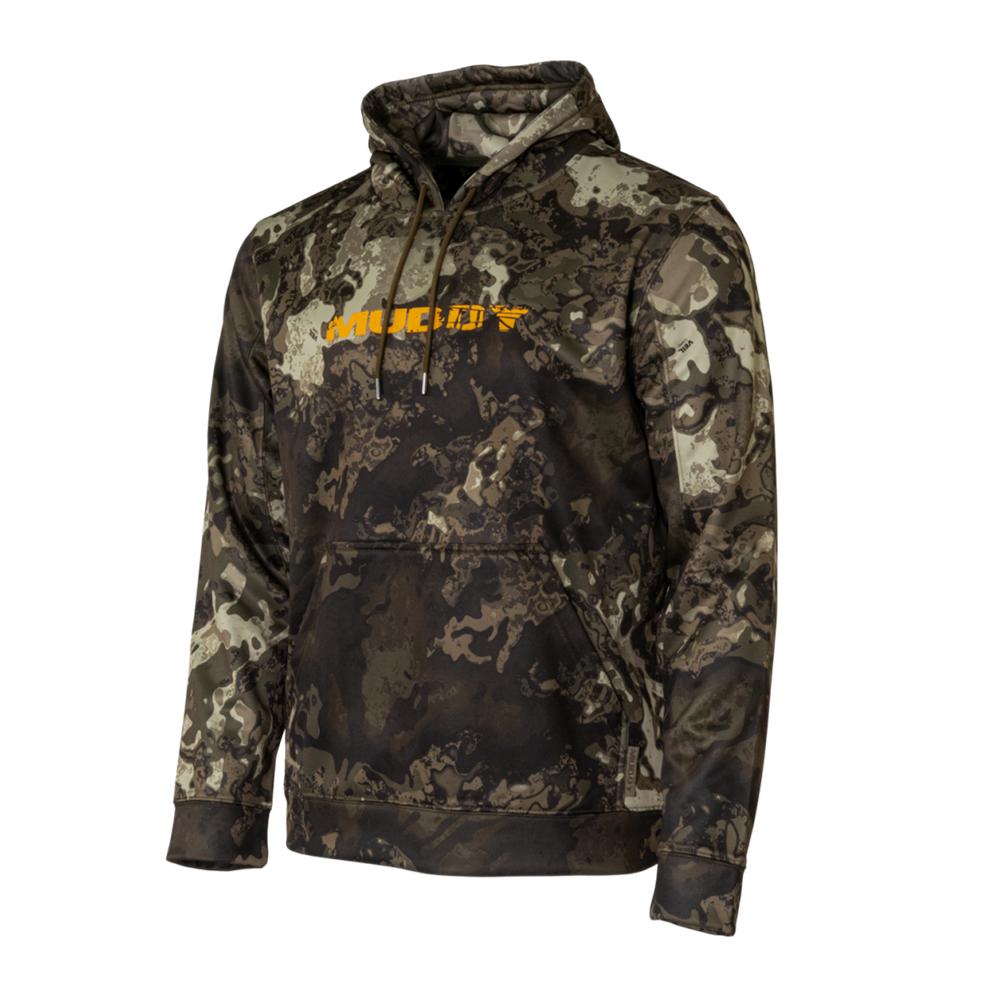 Camouflage hoodie with orange Muddy logo