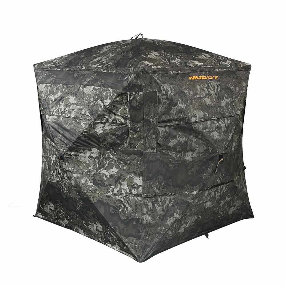 Camouflage pop-up hunting blind with mesh windows