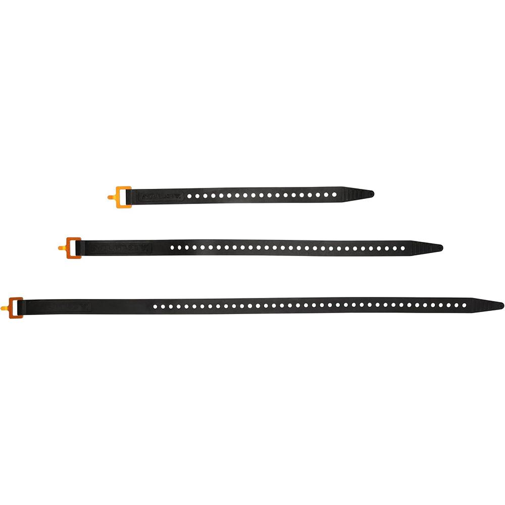 Three black adjustable rubber straps with orange buckles