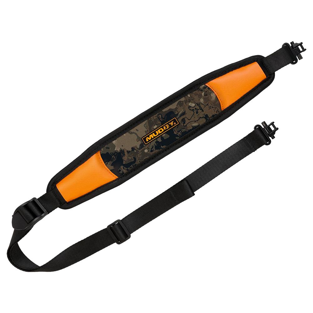 Padded camouflage and orange shoulder strap