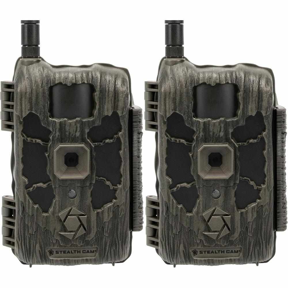 Two camouflage trail cameras on white background