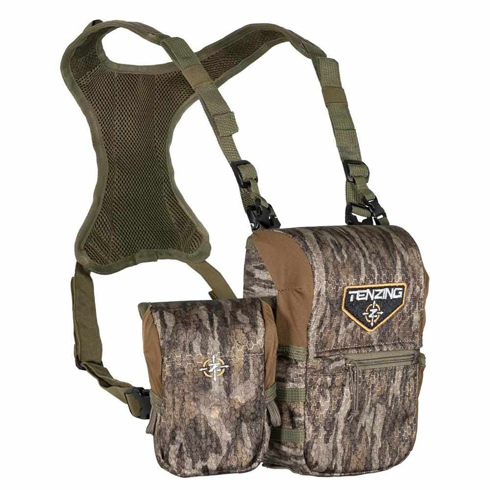 Camouflage hunting chest pack with shoulder harness
