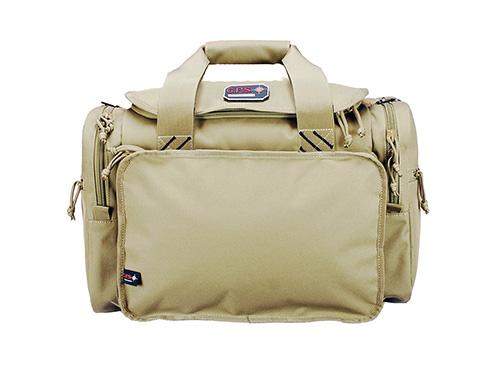 Beige multi-pocket duffel bag with handles