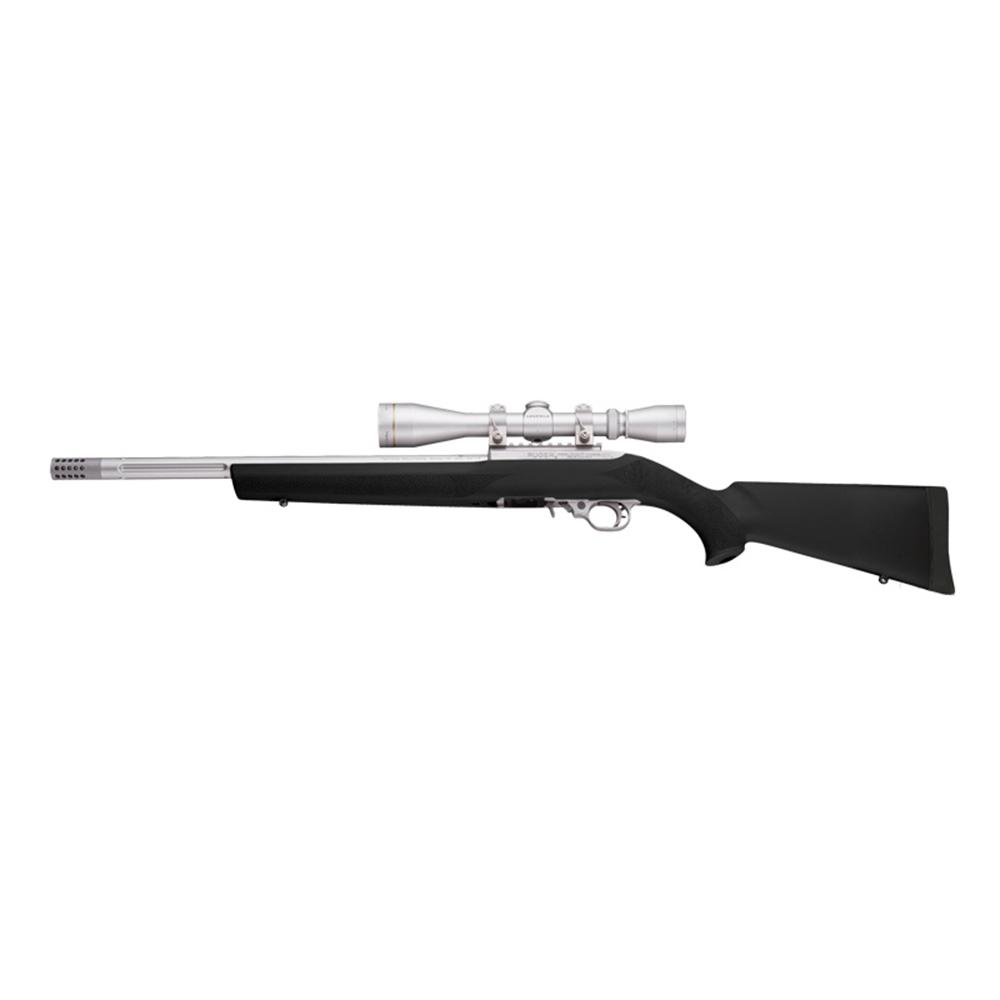Black and silver rifle with mounted scope