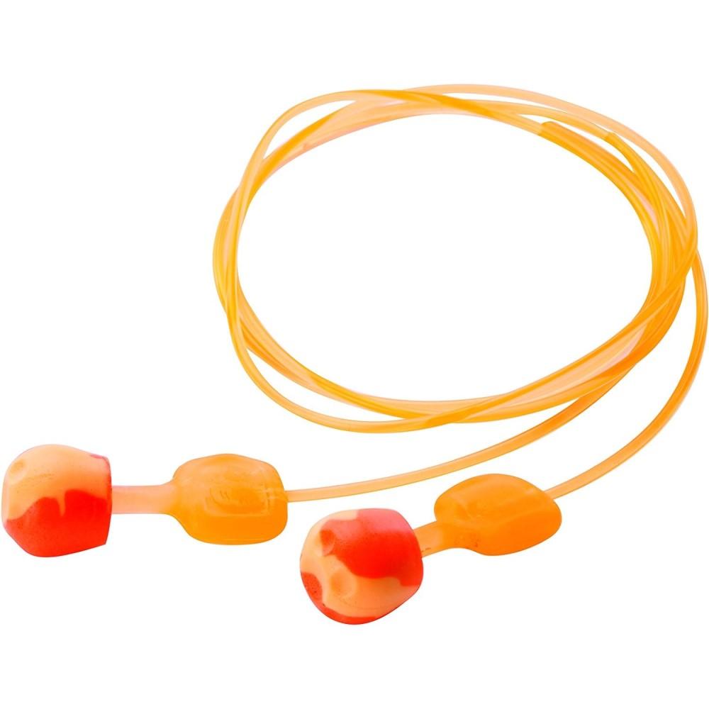 Orange corded earplugs with red tips