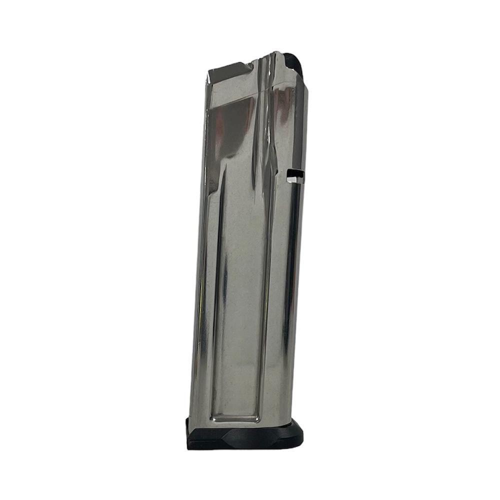 Stainless steel handgun magazine on white background