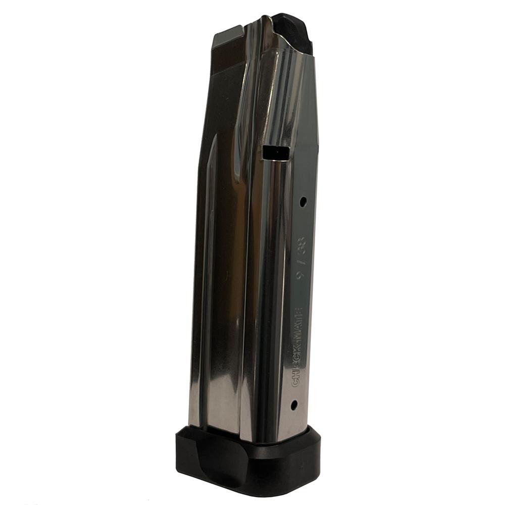 Metal handgun magazine with black base plate