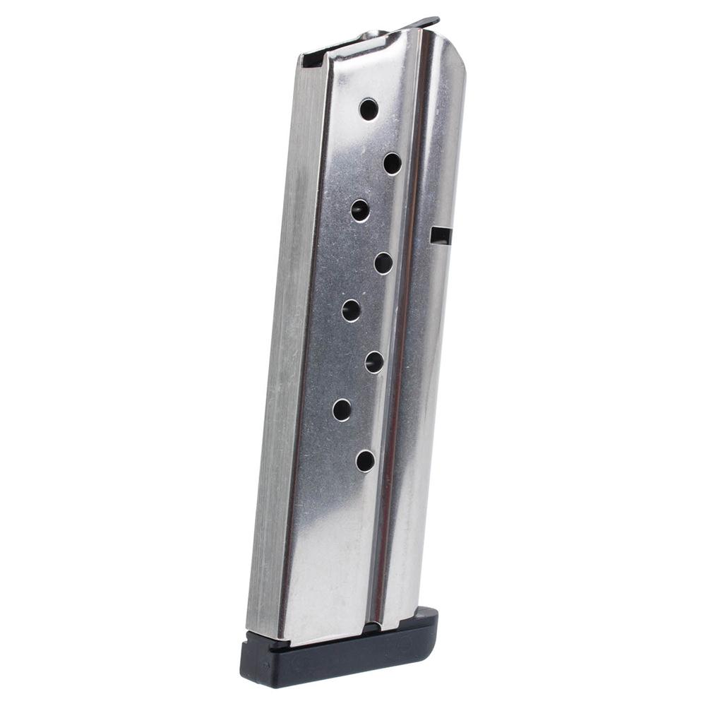 Metal pistol magazine with black base plate