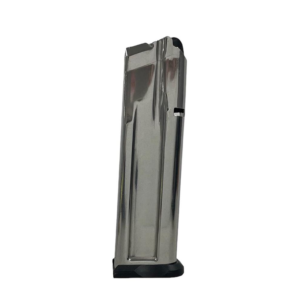 Metal handgun magazine on white background