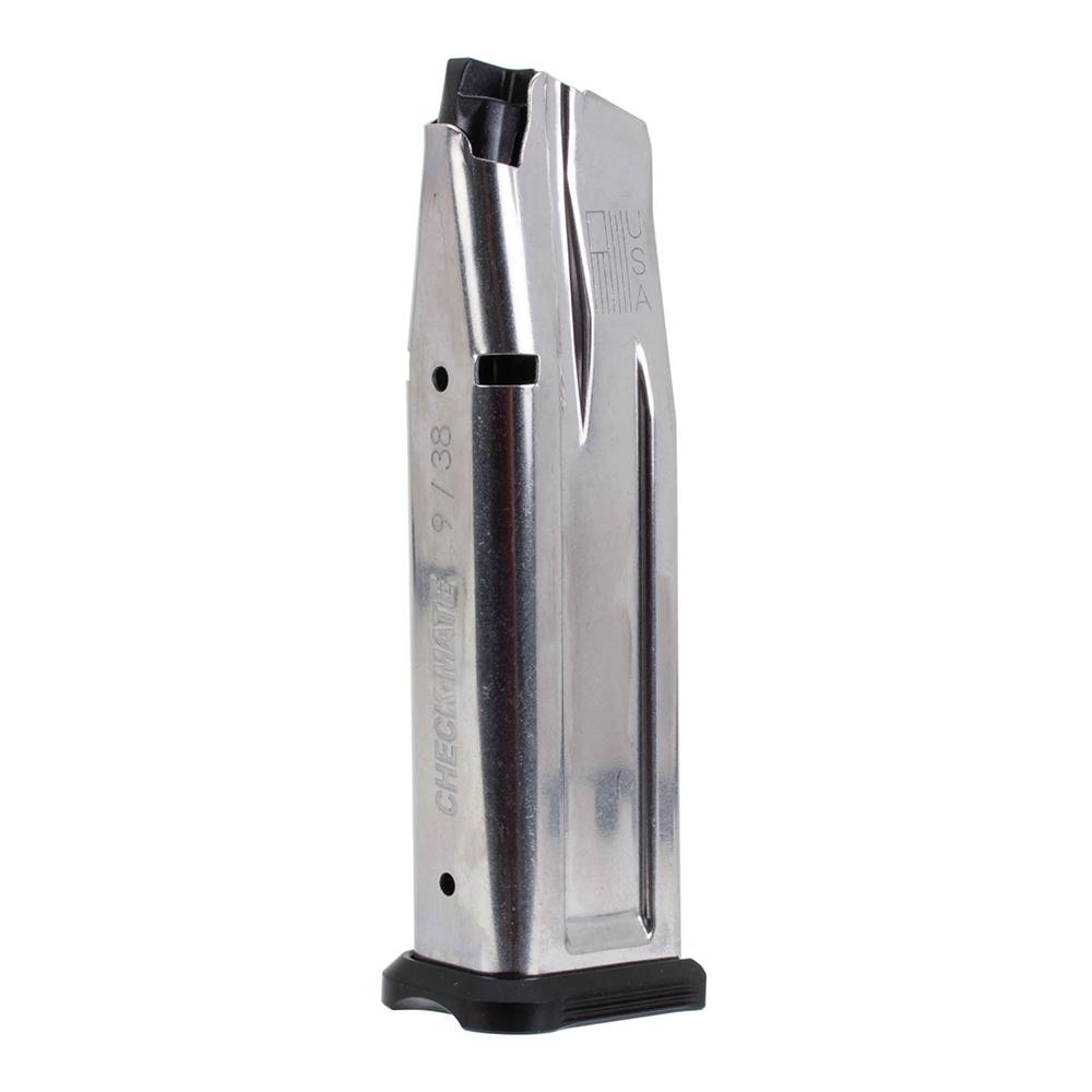 Stainless steel handgun magazine with black baseplate