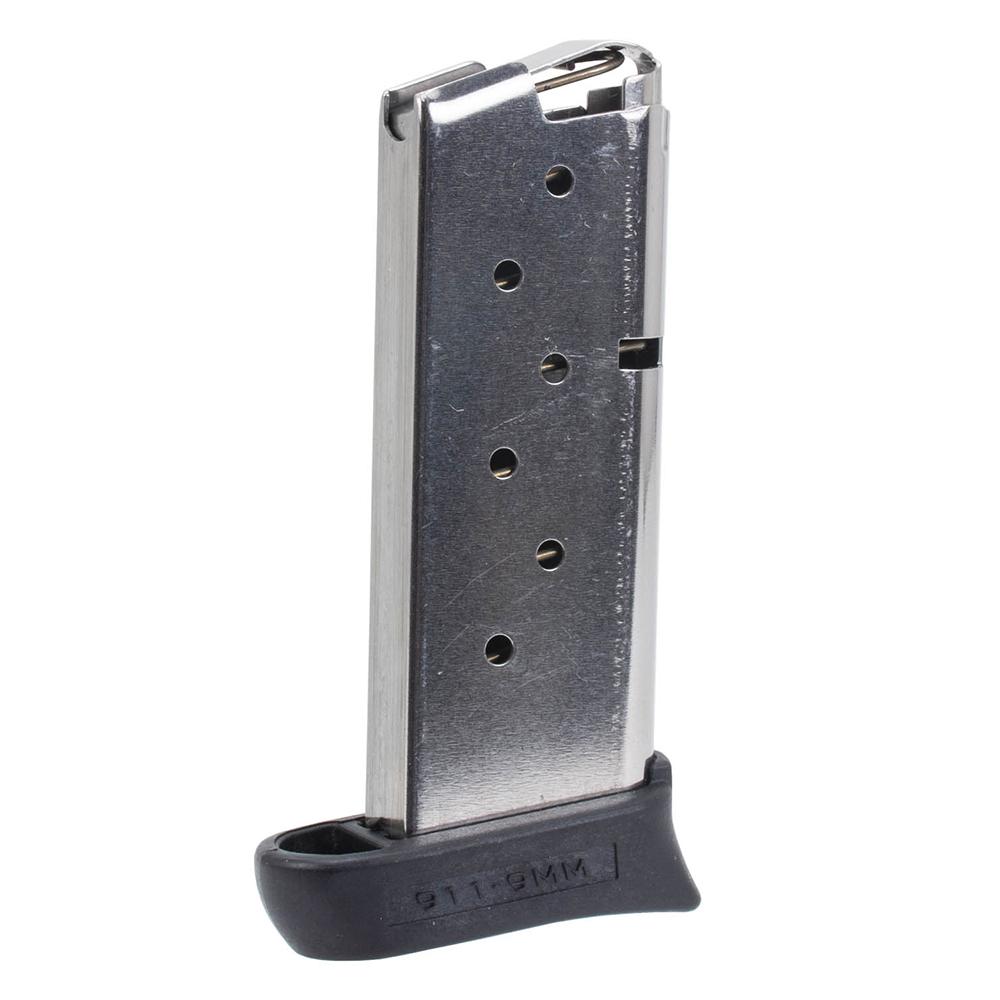 Metal 9mm handgun magazine on white background