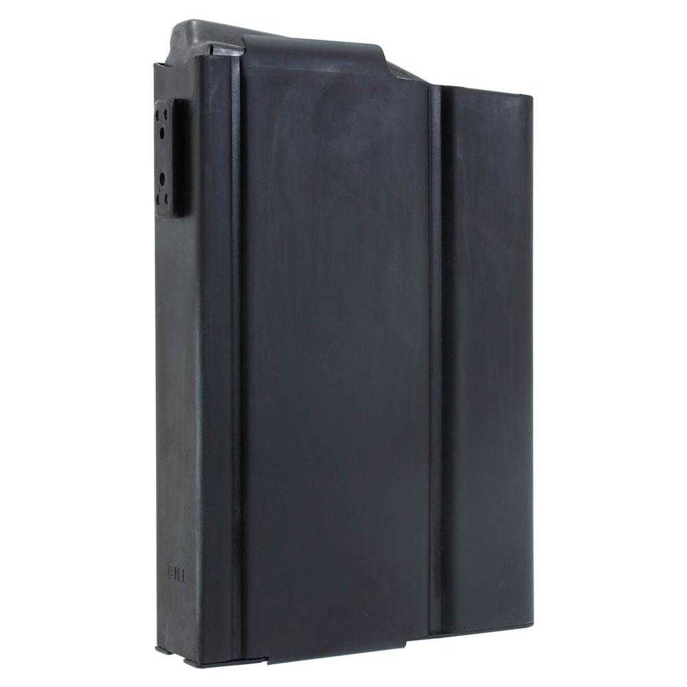 Black detachable rifle magazine on white background