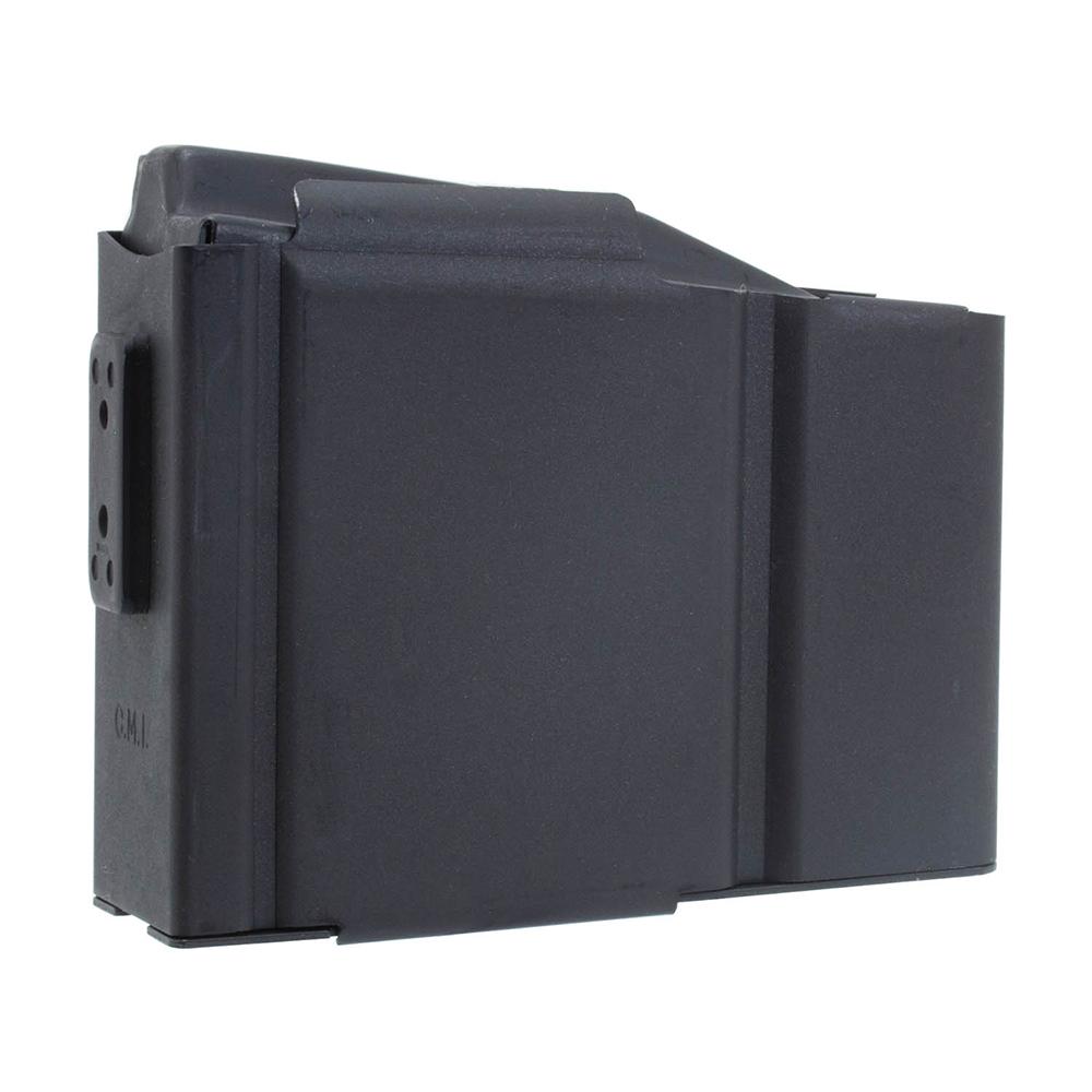 Black detachable rifle magazine on white background
