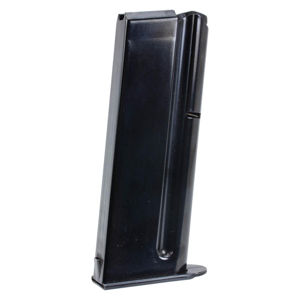 Black metal handgun magazine on white background