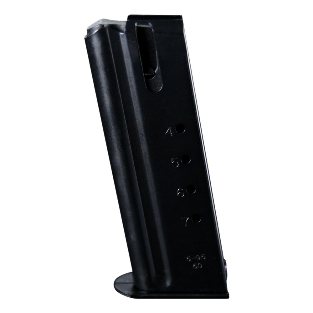Black metal handgun magazine on white background