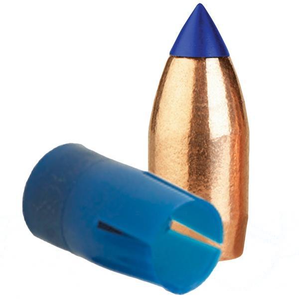 Copper bullet with blue polymer tip and sabot