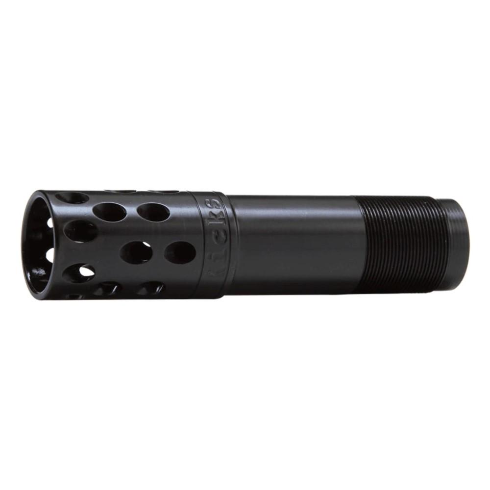 Black metal muzzle brake with threaded end