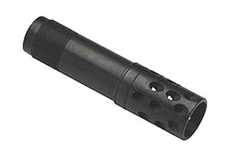 Black metal firearm suppressor with vented muzzle end