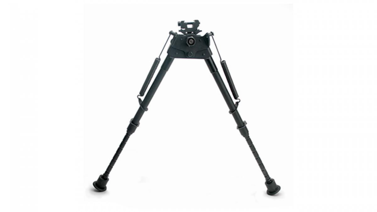 Adjustable metal bipod stand on white background