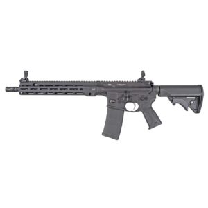 Modern black semi-automatic rifle on white background