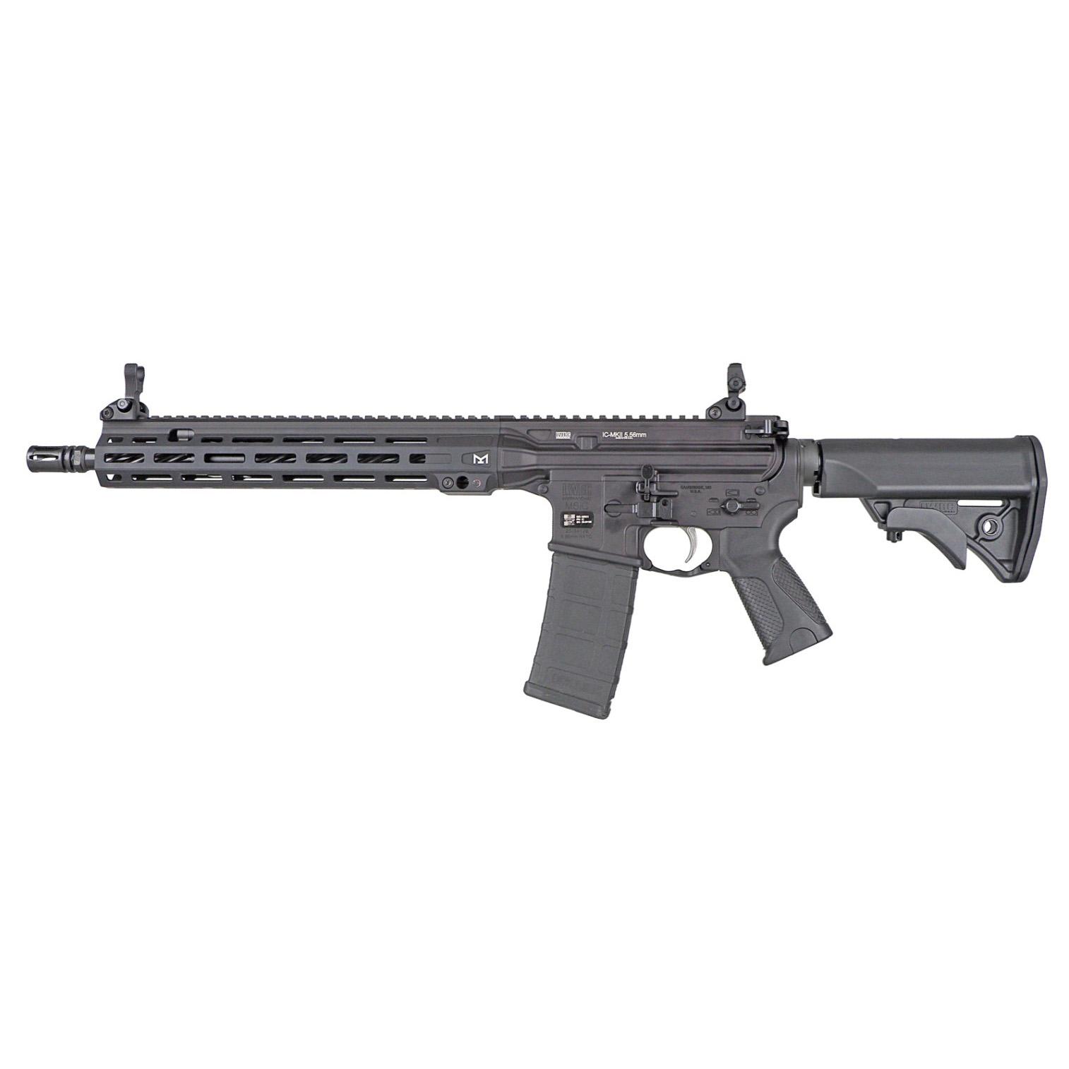 Modern black semi-automatic rifle on white background