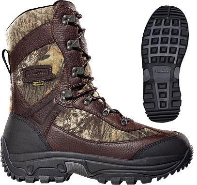 Brown camouflage insulated hunting boot with rugged sole