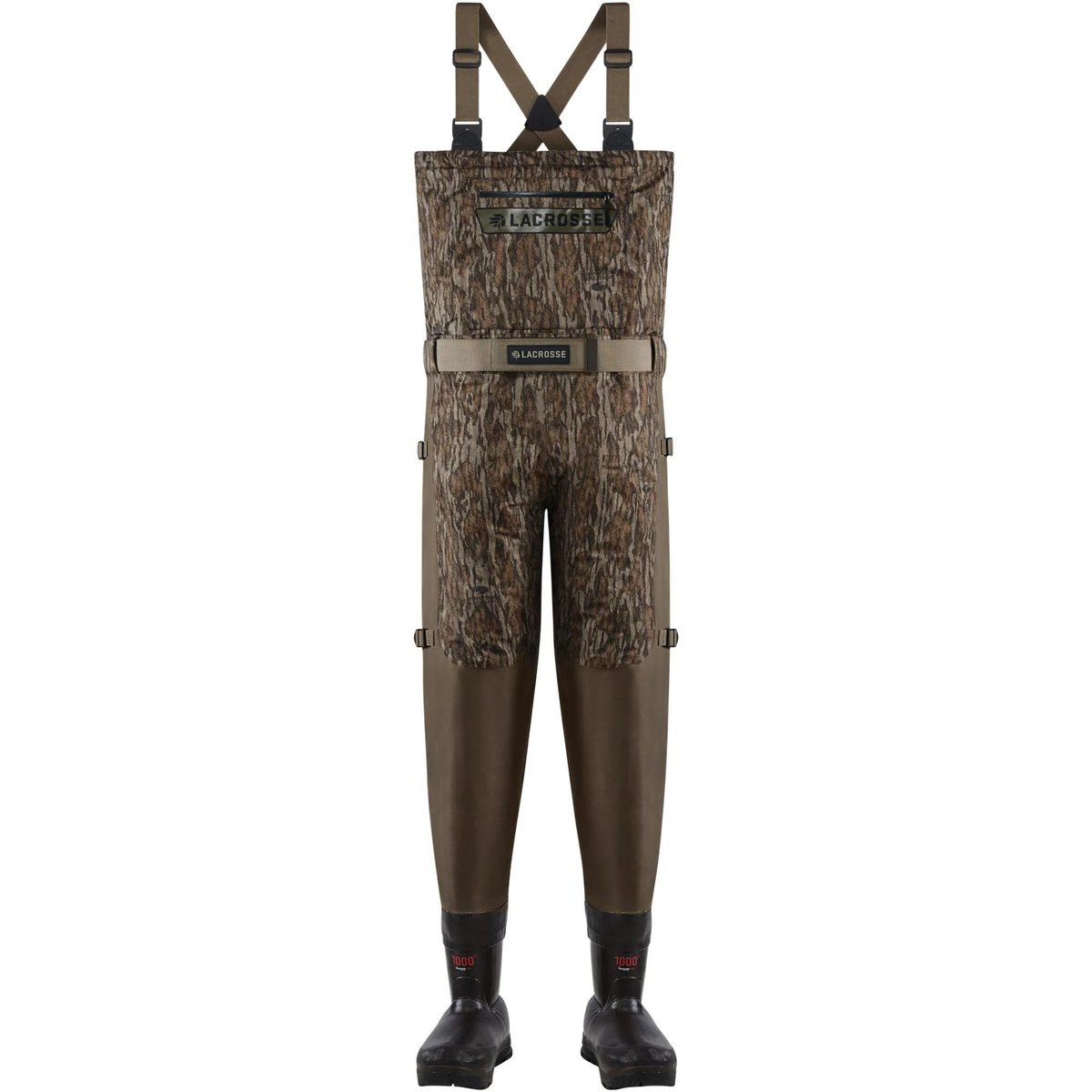 Camouflage chest waders with attached rubber boots