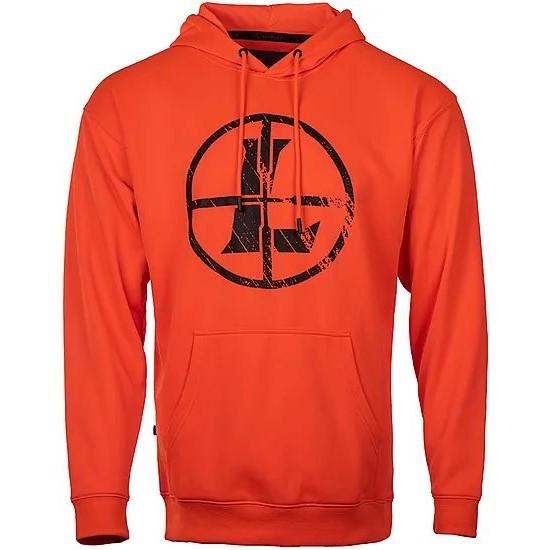 Bright orange hoodie with black circular logo