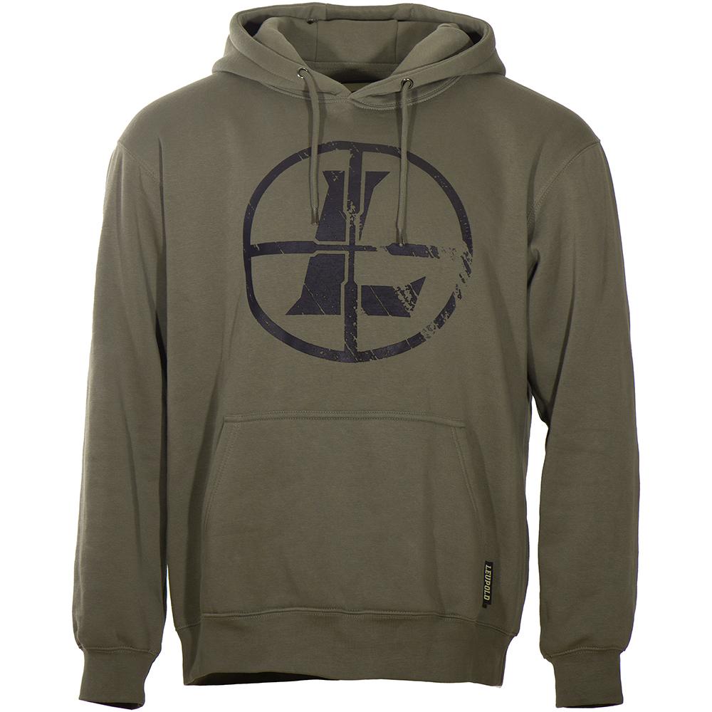 Olive green hoodie with black circular logo