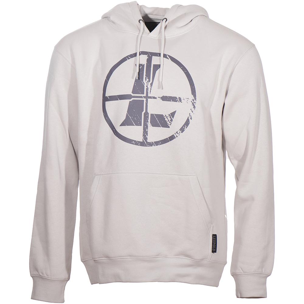Light gray hoodie with distressed circular logo