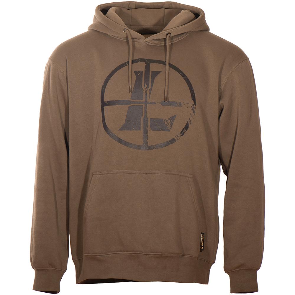 Brown hoodie with black circular logo design