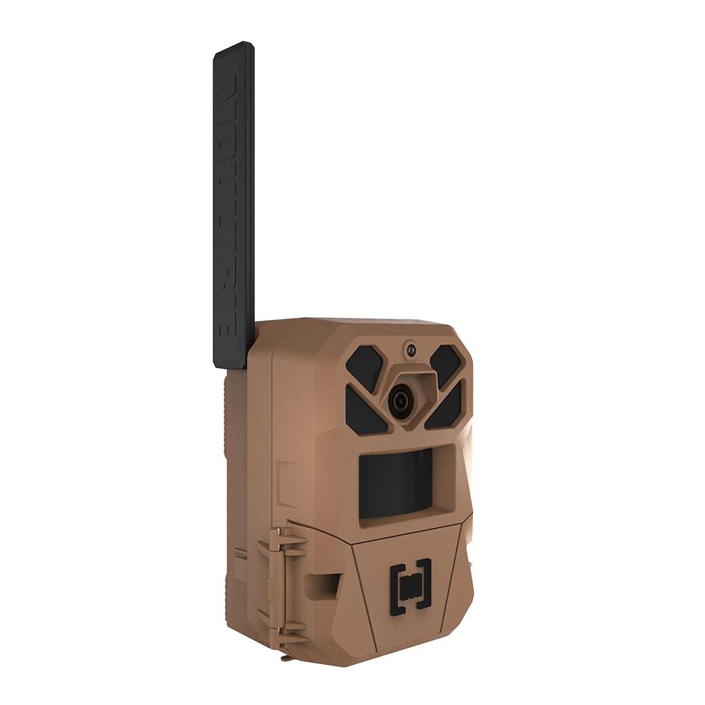 Tan cellular trail camera with external antenna