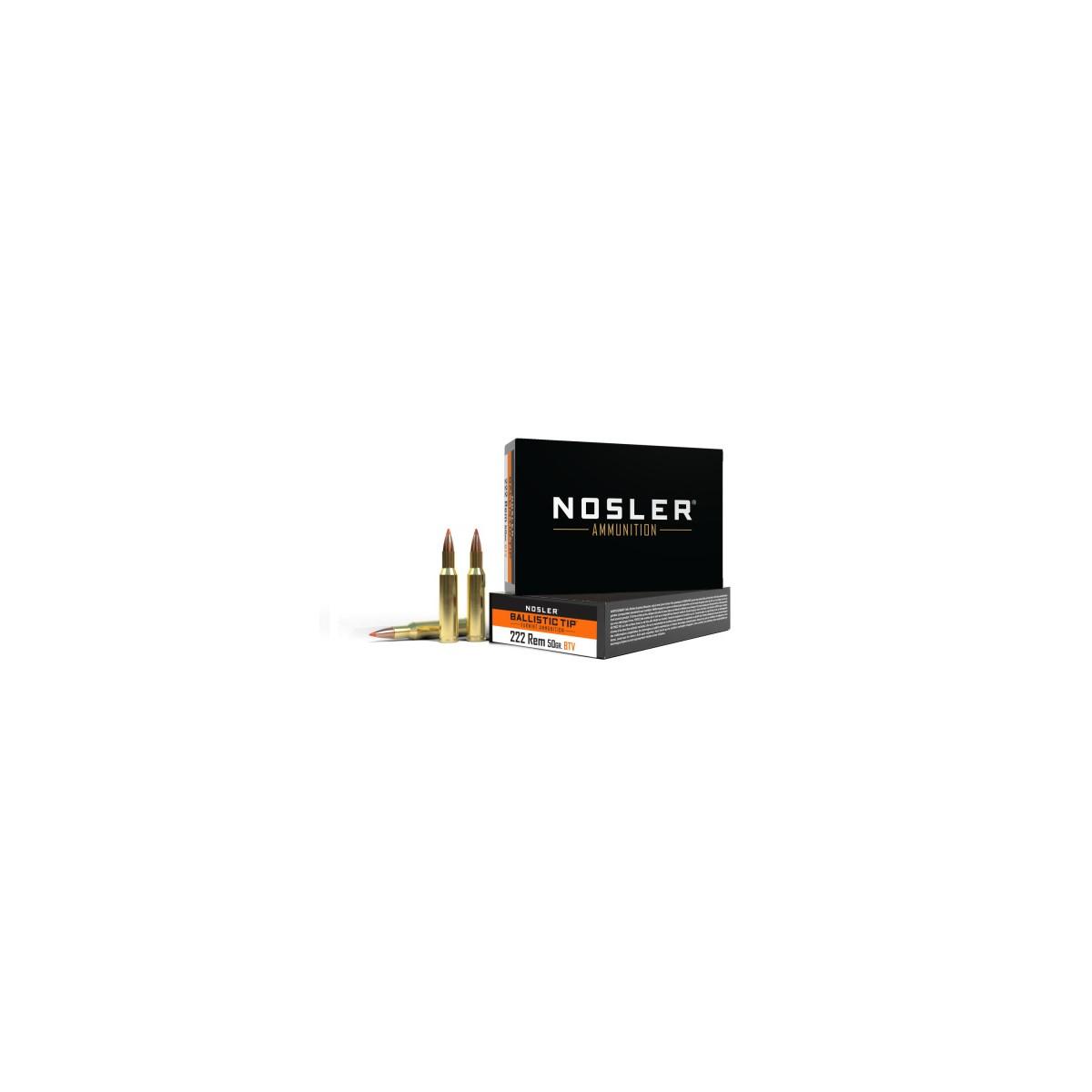 Nosler Ballistic Tip .222 Remington ammunition box and cartridges