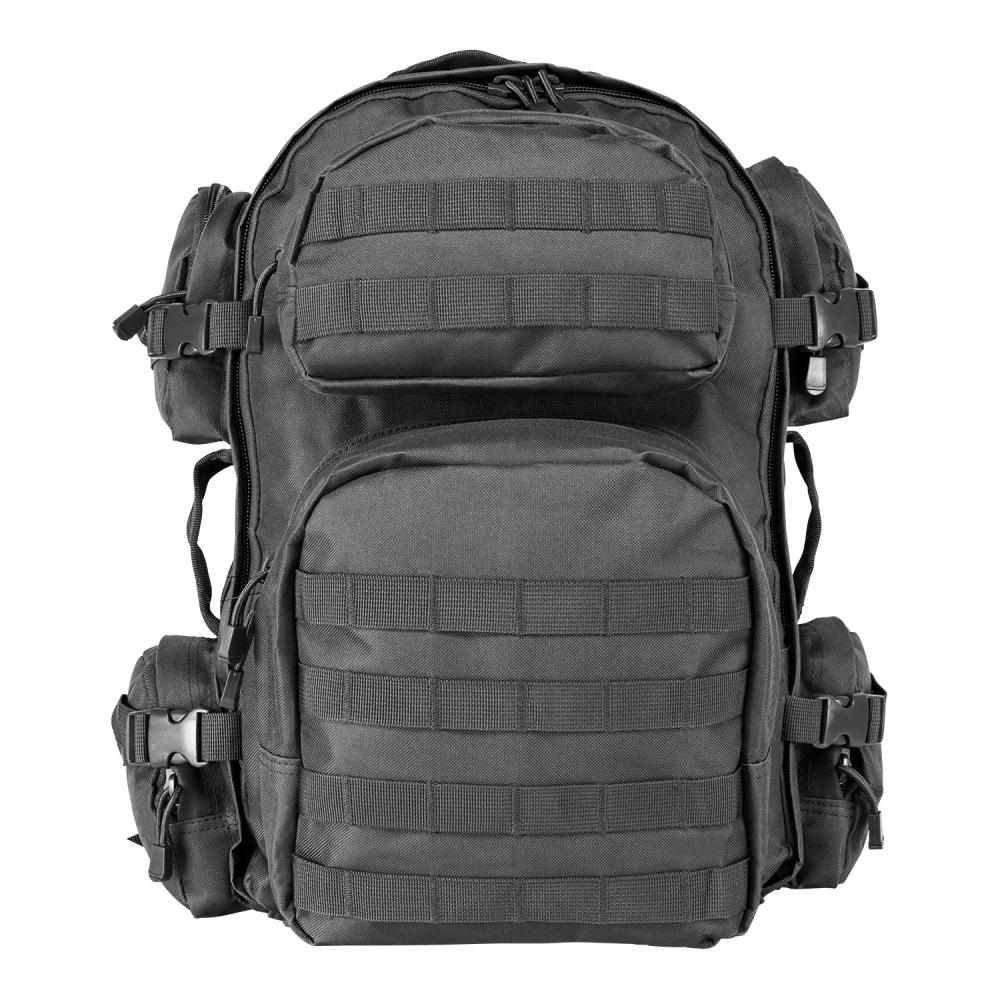 Black tactical backpack with multiple compartments and straps