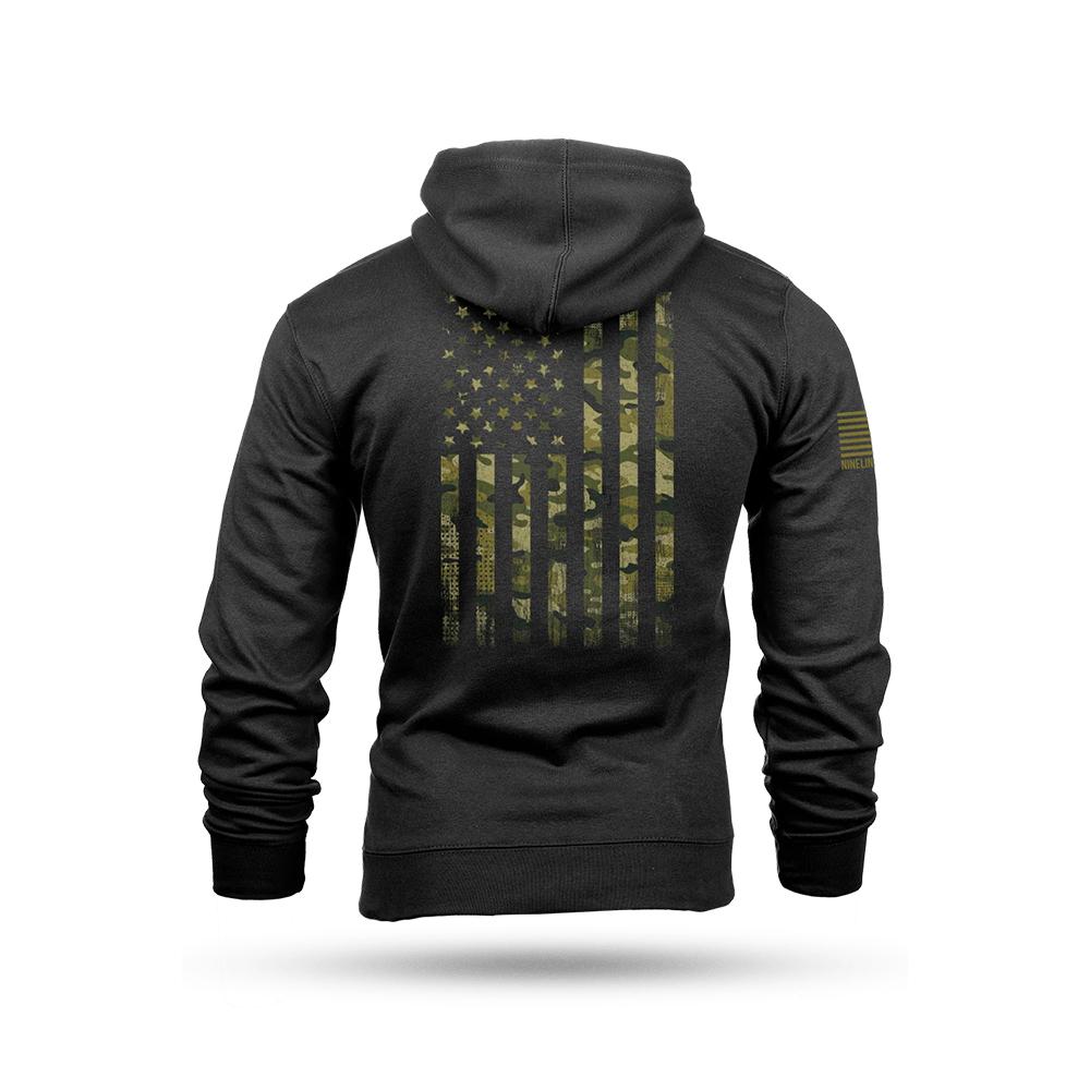 Black hoodie with distressed American flag graphic