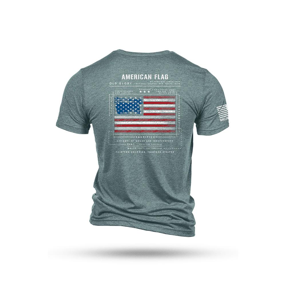 Green T-shirt with American flag graphic on back