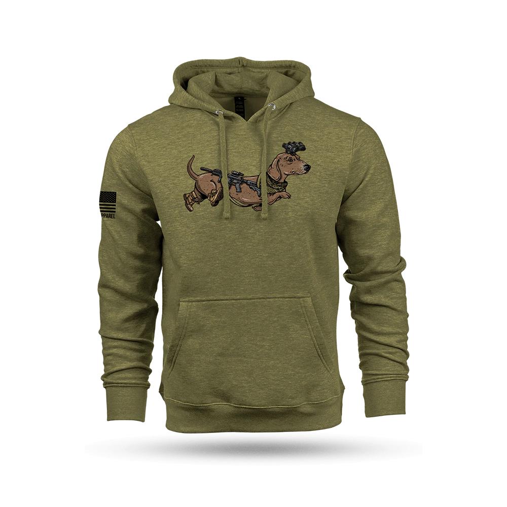 Olive green hoodie with tactical dog graphic
