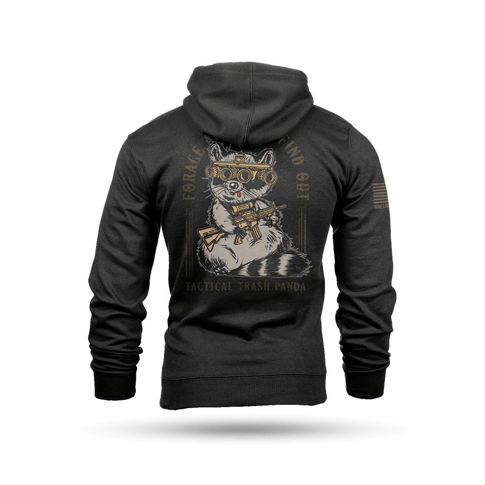 Black hoodie with tactical raccoon graphic on back