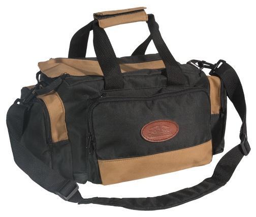 Black and tan duffel bag with shoulder strap