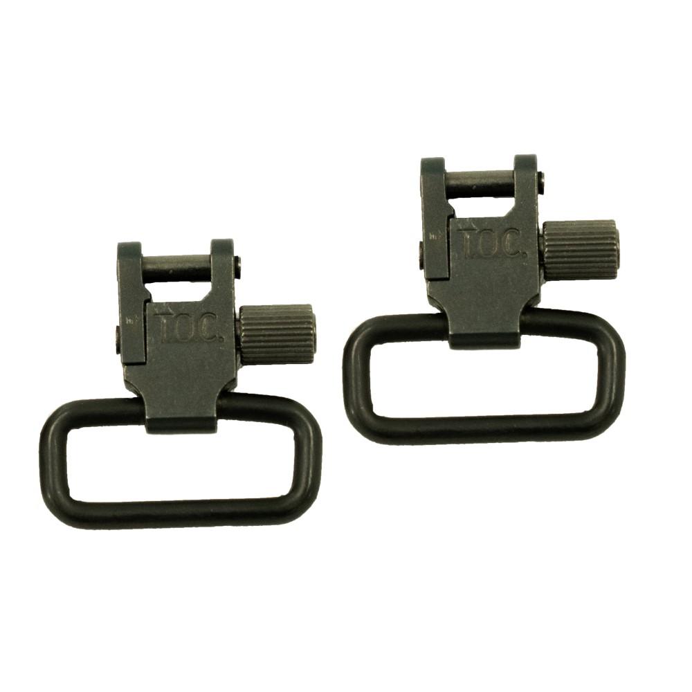 Two black metal sling swivel mounts