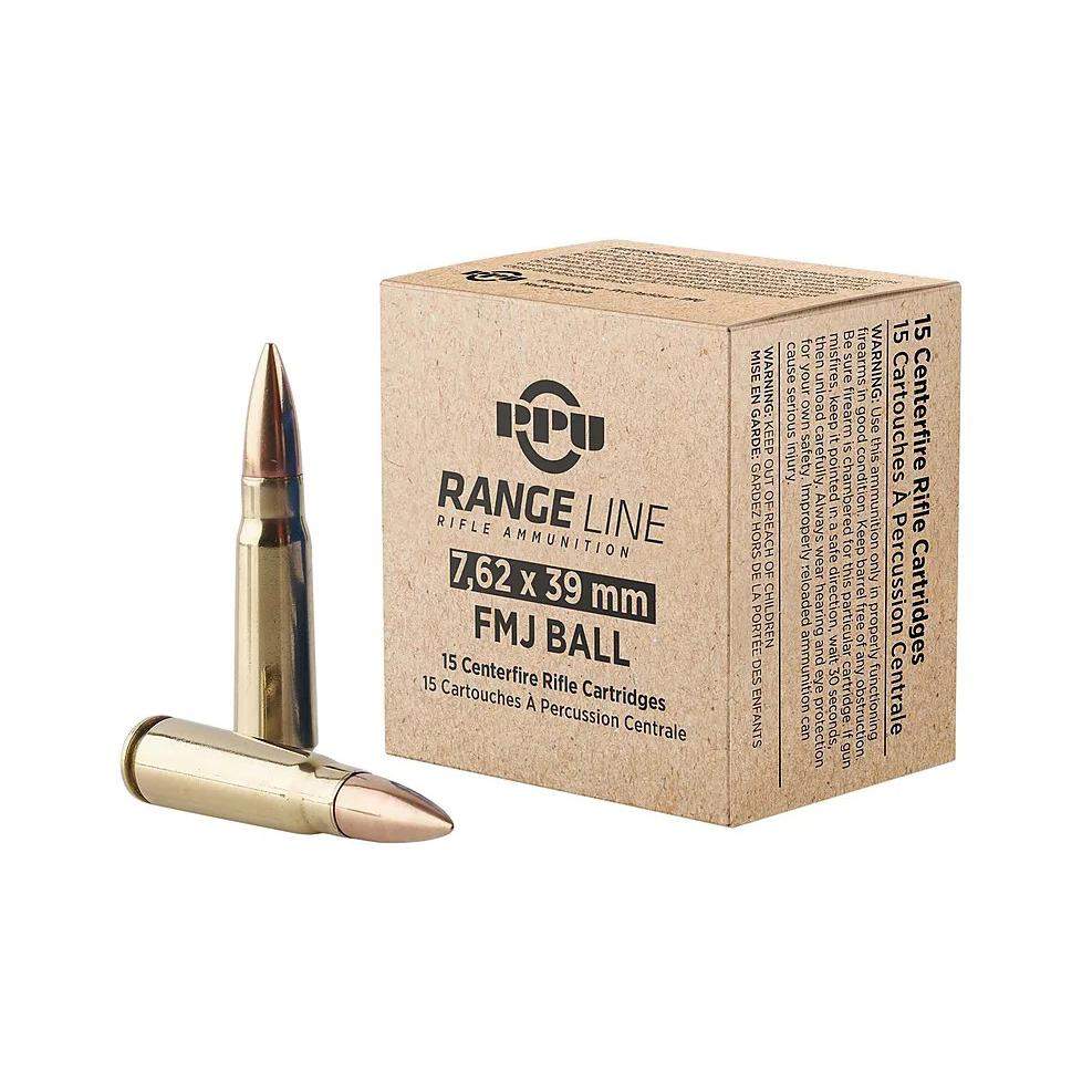 7.62x39mm rifle ammunition box and cartridges