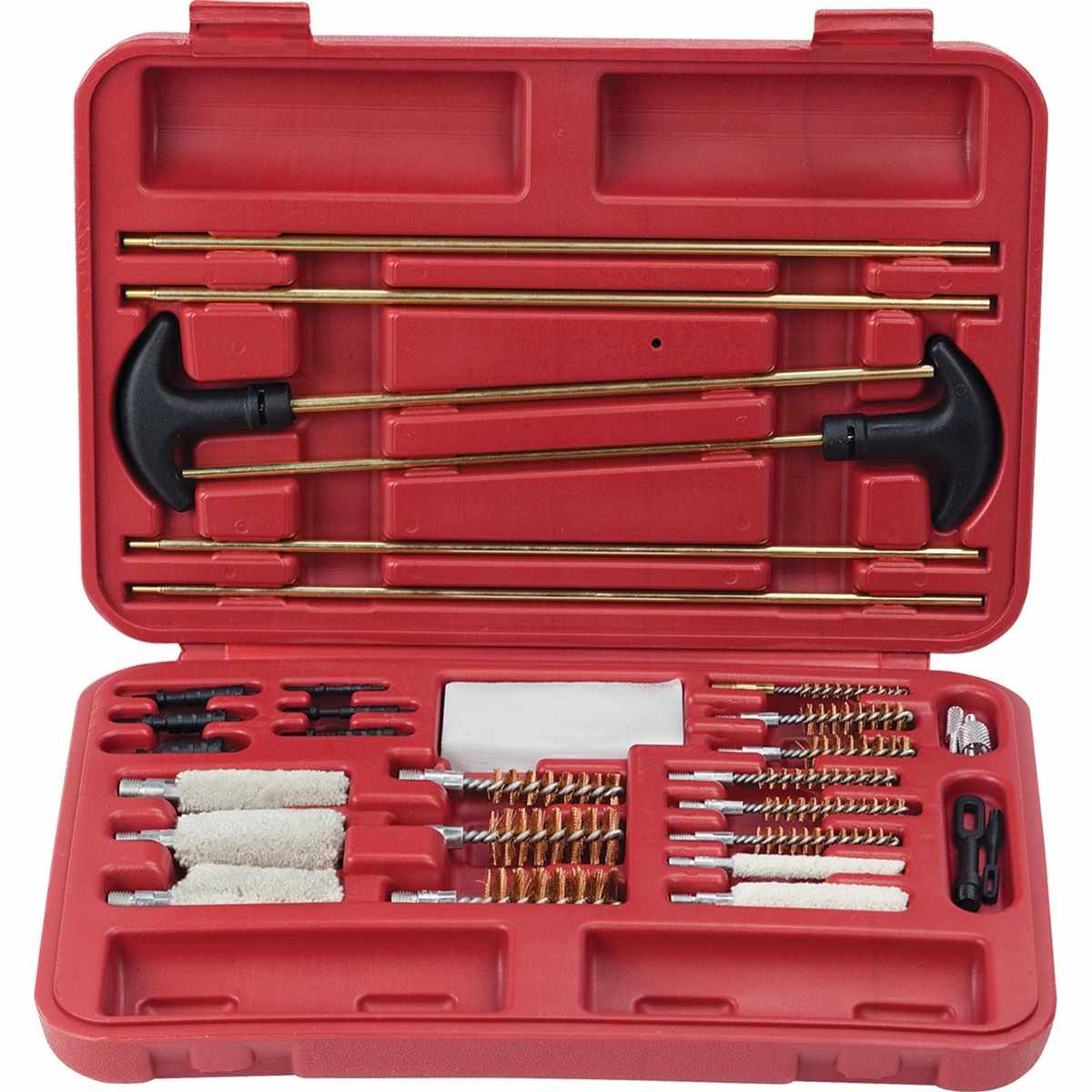 Red gun cleaning kit with rods and brushes
