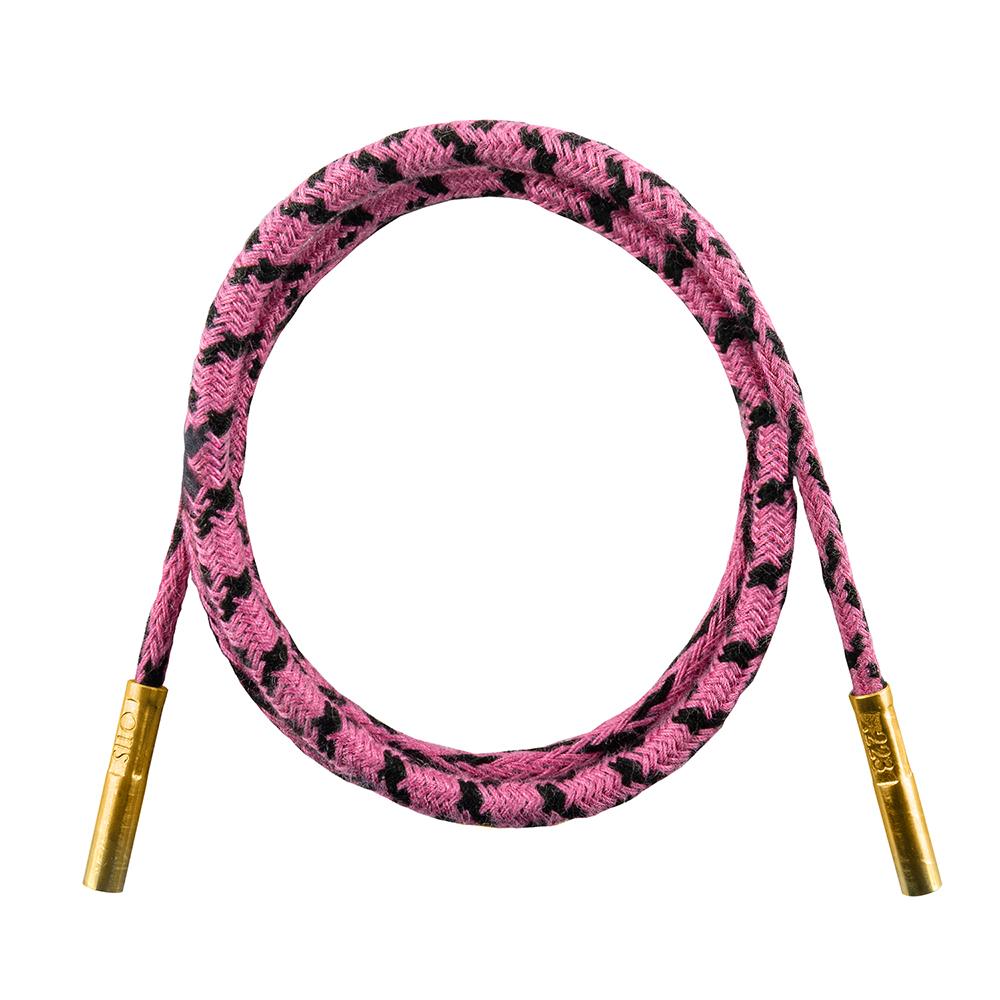 Pink braided shoelace with black pattern and gold tips