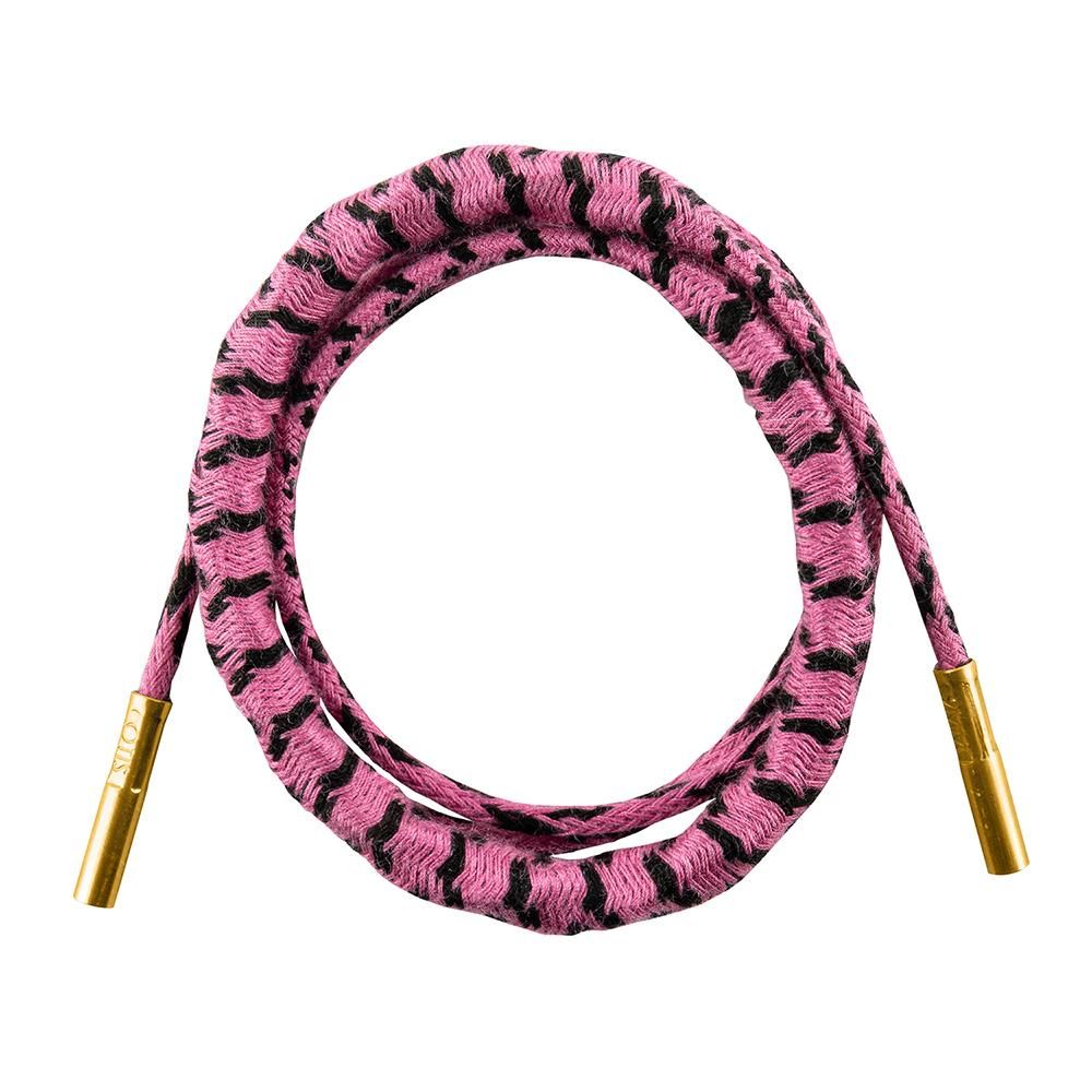 Pink and black patterned shoelaces with gold tips